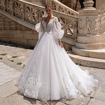Customized Luxury Wedding Dress 2025 Ball Gown Puffy Long Sleeves Lace Appliques Tulle V Neck Bridal Gown Princess Bride Dress