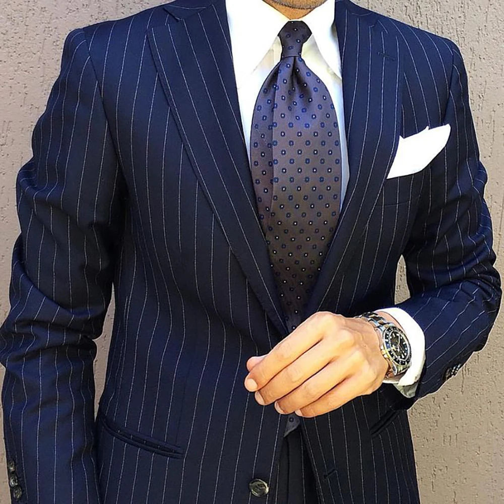 Ternos masculinos Blazer Stripe azul marinho entalhado lapela de casamentos de peito de petiscos de casamentos de luxo masculino traje Homme Slim Fit