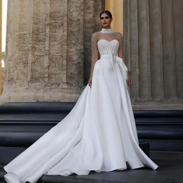 2026 Elegant Gorgeous Wedding Dress High Neck Long Illusion Sleeves Pearls Bow Sash A Line Church Bride Bridal Gowns Vestidos