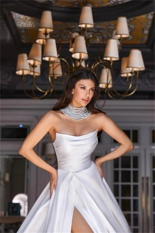 Sexy White Strapless Satin Wedding Dresses for Bride A Line Simple Bride Dress with Slit Train vestidos Long Beach Wedding Gowns