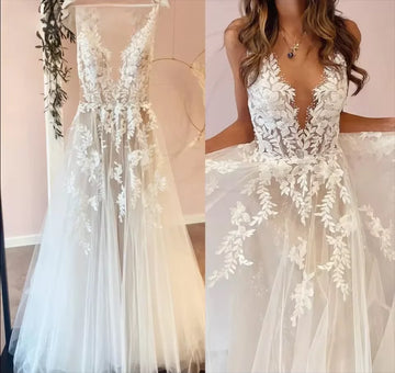 Customized  Sexy Backless Wedding Dress A-Line Lace Applique Beaded Tulle Wedding Gowns Trouwjurk Bridal Dress Vestido De Novia