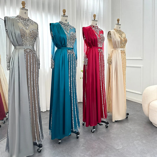 Lüks Kristal Dubai Müslüman Gece Elbise Overkirt Gri Arapça Resmi Elbiseler Kadınlar İçin Düğün Partisi SS013