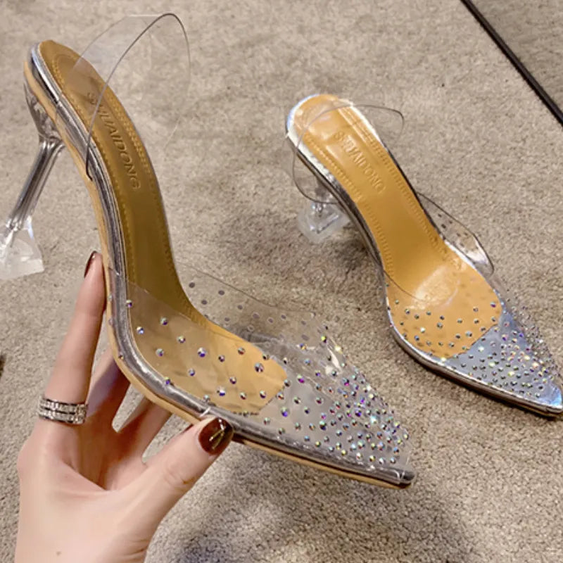 Transparent plastic thin heels women slingbacks bling summer dress pointed toe party high heels shoes – Pollyanna Events