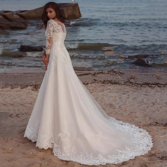 Long Wedding Dress Eleagnt Long Sleeves V Neck Lace Appliques A Line Tulle Sweep Train Bridal  For Women Robe De Mariee Summer