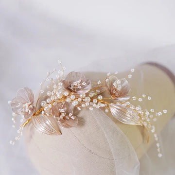 Bridal Hair Accessories Gold Color Headband Headpiece Pearl Hairband For Women Bride Flower Leaf Headdress Crown Wedding Jewelry