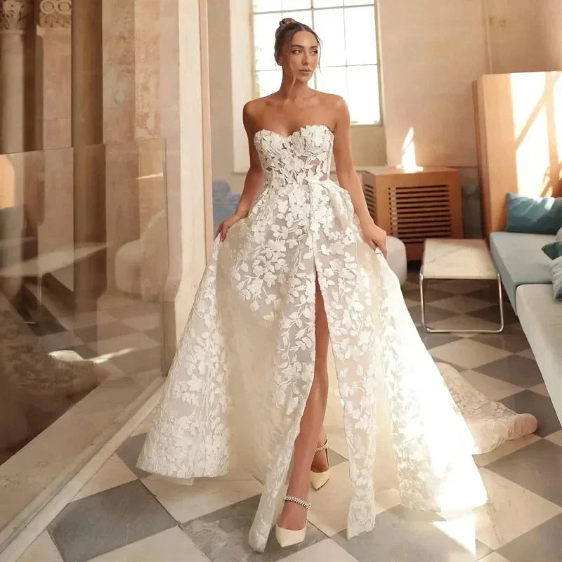New A-line sweetheart full lace sleeveless side slit boho bridal gown bride wedding dress – Pollyanna Events