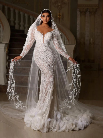 Appliques romantiques Robe de mariée 3d Fleurs Perls Sequins Bridal Bridal Luxury-Long Longing Robes Vestidos de Novia
