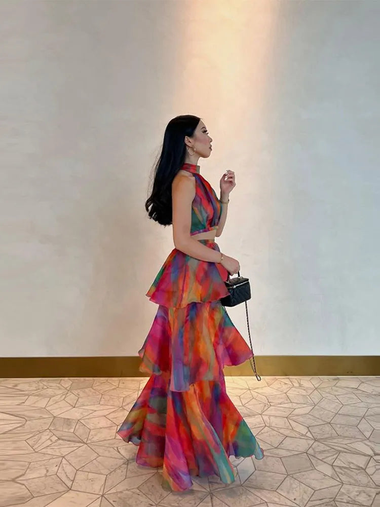 Printed Halter Cut Out Long Dress Women Stacked Ruffle Hem Elegant Hollow Out Sleeveless Zipper Spring Dresses Female Party