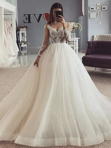 Classic A-line Wedding Dress Sheer Neck Long Sleeves Lace Appliques Tulle Princess Bridal Gowns Boho Garden Vestidos De Noiva