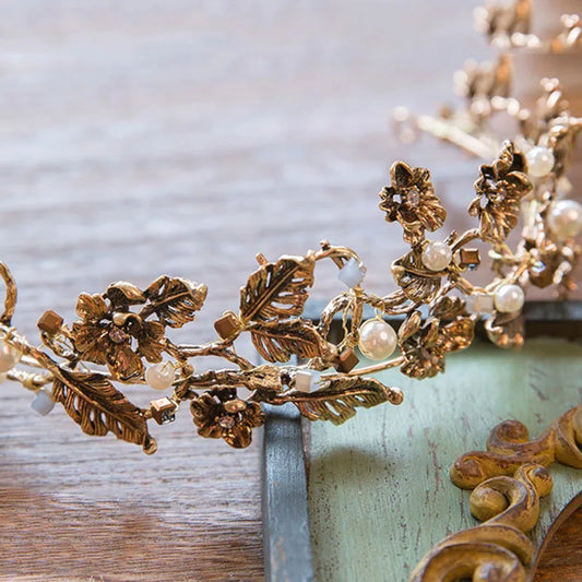 Старовинний бароко золотий колір перловий лист весільна тіараса кришталеві коронки волосся з виноградною тіарою весільні аксесуари для волосся наречена пов'язка