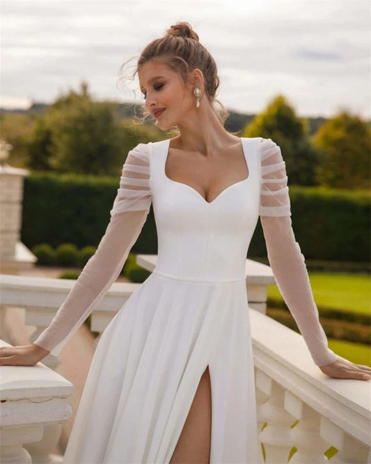 Красиві весільні сукні з довгими рукавами вентиляційні руслі елегантні атласні кохані весільні сукні сексуальні розкол білі весільні сукні
