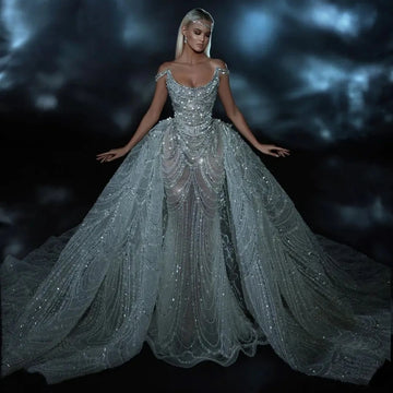 Витончене від плечової весільної сукні іскручі намистини перлини весільна сукня 2024 Розкішна русалка Довга наречена халат Vestido de novia