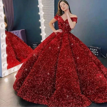 Sparkly Burgundy Evening Dress 2026 Robe De Mariee Off Shoulder Sequins Lace Up Ball Gown Dresses Vestido De Novia Customized