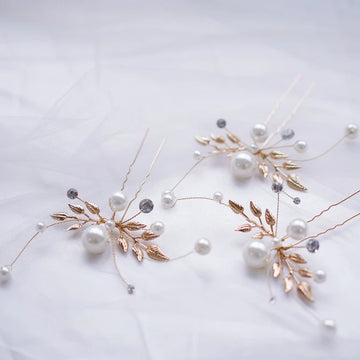 Rhinestones Pearl Hair Pin Clip Leaf Hairpin For Brides Women Gold Silver Color Head Piece Wedding Accessories Bridal Jewelry