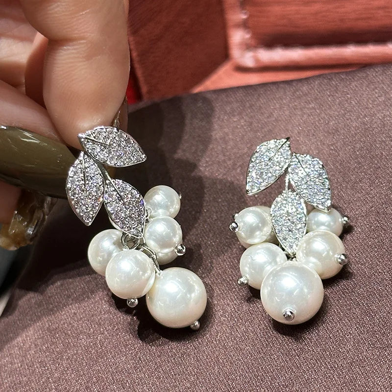 Leaf Pearl Zircon Bridal Earrings Silver Color Zirconia Wedding Earring For Brides Bridesmaids Accessories Women Gift Jewelry