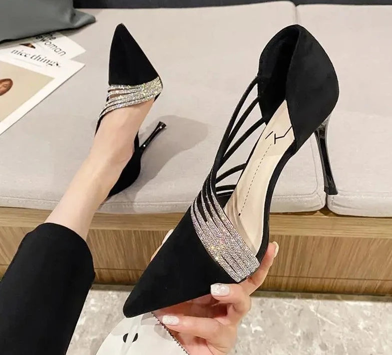 2024 Bahar Lüks Kadınlar Rhinestone Stiletto Yüksek Topuklu Pompalar Scarpins Tasarımcı Lady Siyah Topuklu Düğün Partisi Gelin Prom Ayakkabı