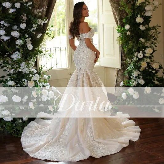 3D квіткова аплікація Весільні сукні для русалок для жінки з шапкою рукава принцеса весільна сукня з мереживом вгору