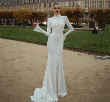 2026 Simple Modest Long Sleeve Wedding Dress High Neck Mermaid Floor Length Lace Women Brides Bridal Dress Vestidos De Noiva