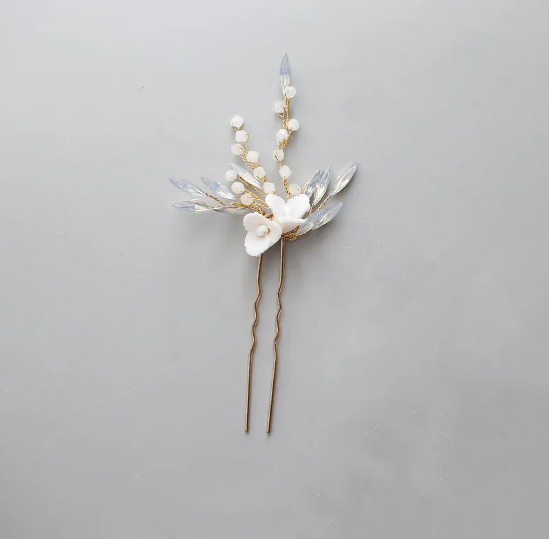 Wedding Accessories Porcelain Flower Head Pieces Opal Hair Comb Pin Clip For Brides Women Gold Color Hairpins Bridal Jewelry
