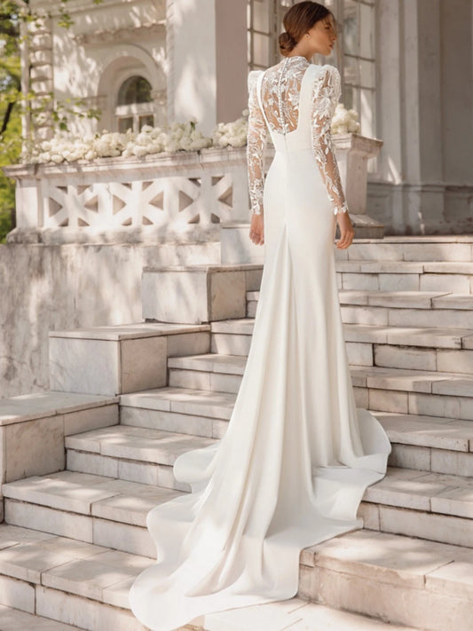 Скромний високий комір весільна сукня з довгими рукавами блискучі блискітки Аплікації нареченої Робе елегантна русалка весільна сукня халат халат де марие