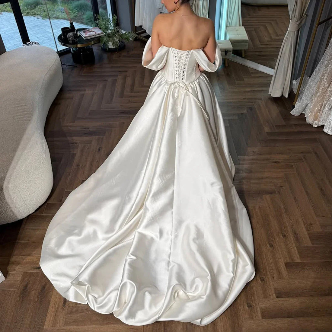 Vestidos Novia Satin Puffy Wedding Dress With Train 2025 Off Shoulder Pearl Bridal Party Gown  For Bride Backless Long Ball Gown