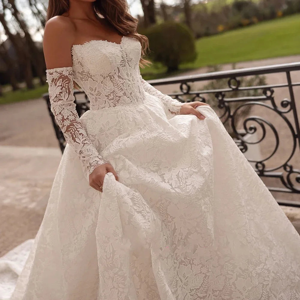 Customized Romantic Sweetheart Long Sleeve A-Line Lace Wedding Dresses 2025 Sweep Train Princess Bridal Gown Vestido De Noiva