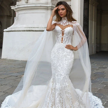 customized Mermaid Wedding Dress Scoop Neck Embroidered Lace Applique Shawl Detachable Cape Vestidos Novia 2025 Bridal dress
