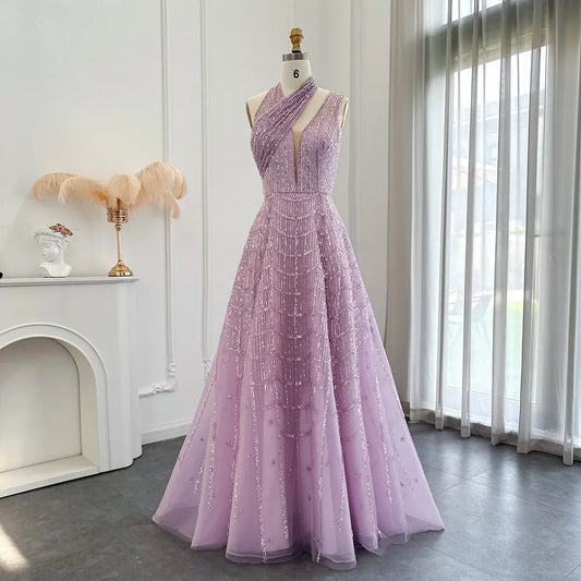 Luxury Dubai Beaded Halter Lilac Evening Dresses for Women Wedding Party 2024 Elegant Long Arabic Formal Gowns SS329