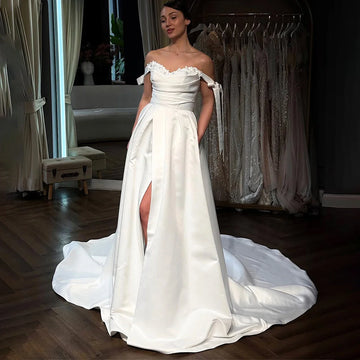 Romantic Vestidos Novia Appliques Pleated Ball Gown Wedding Dresses With Slit V Neck Satin Bridal Party Gown For Bride Long