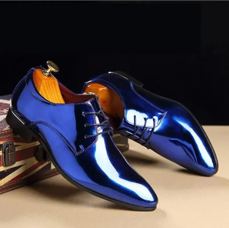 Tendencia de la moda patente de cuero zapatos de boda oro azul rojo oxfords zapatos diseñador diseñador de vestidos de punta puntiaguda gran tamaño 37-48