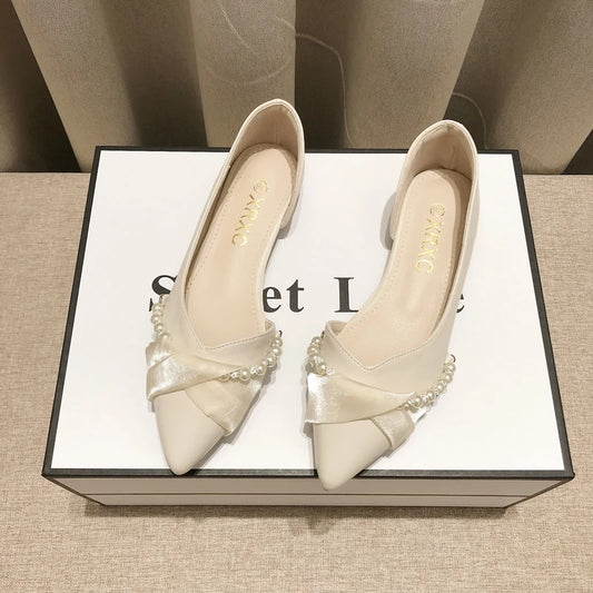 Large Size 45 46 Womens Shoes 2024 Spring/Summer New Korean Pearl Butterfly-Knot Design Office Lady Shoes Versatile Flat Shoes