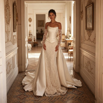 Elegant Satin Lace Mermaid Wedding Dress Detachable Overskirt with Bow Full Sleeve Corset Back Bridal Gown Customized