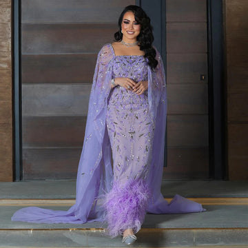 Luxury Feathers Lilac Evening Dress with Cape Sleeves Ankle Length Midi Arabic Women Wedding Party Gowns SS381