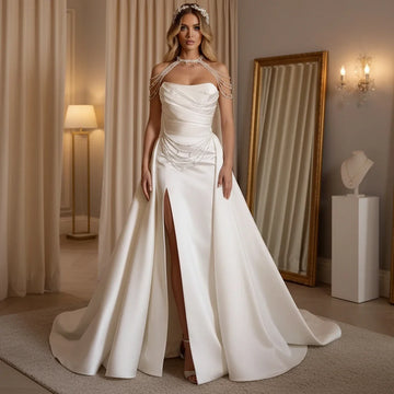 Elegant Beaded Mermaid Strapless Wedding Dresses For Bride Sheath Satin Long Bridal Gown With Slit Vestidos Novia