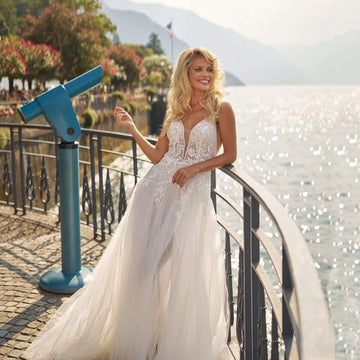 2025 A-Line Wedding Dresses Tulle Applique Spaghetti Strap Backless Bridal Gown Women Boho Deep V Neck Brides Dresses Customized