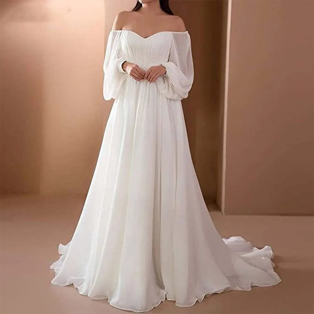 Simple strapless puff sleeves backless chiffon bridal gown robe de mariee court train elegant women – Pollyanna Events