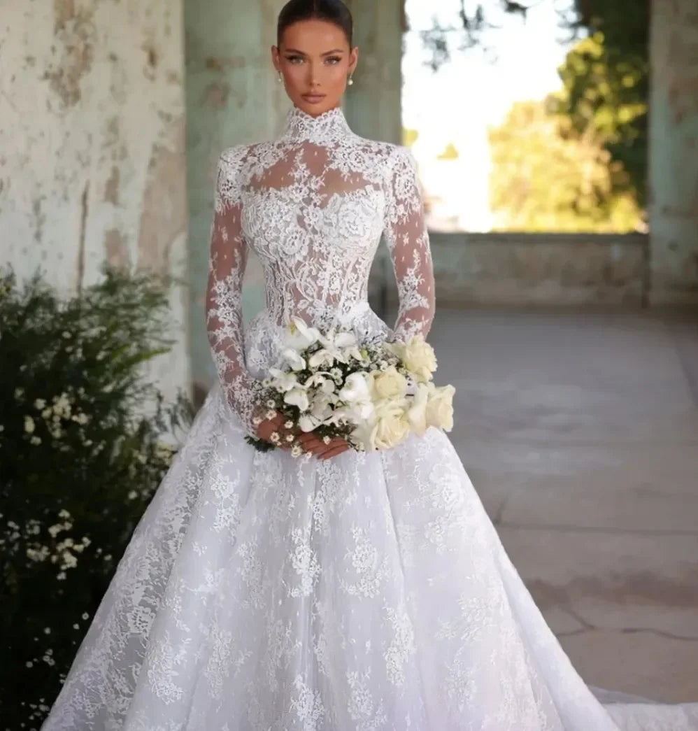 Customization High Collar A-line Lace Wedding Dress Elegant Long Sleeve  Appliques Bride Bridal Gowns Vestido De Novias