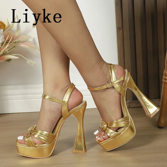 Liyke Summer Strang Super High Heels Сексуальні босоніжки Жінки Золота шкіра Вузький гурт Відкритий ноги взуття для платформи Sandalias mujer