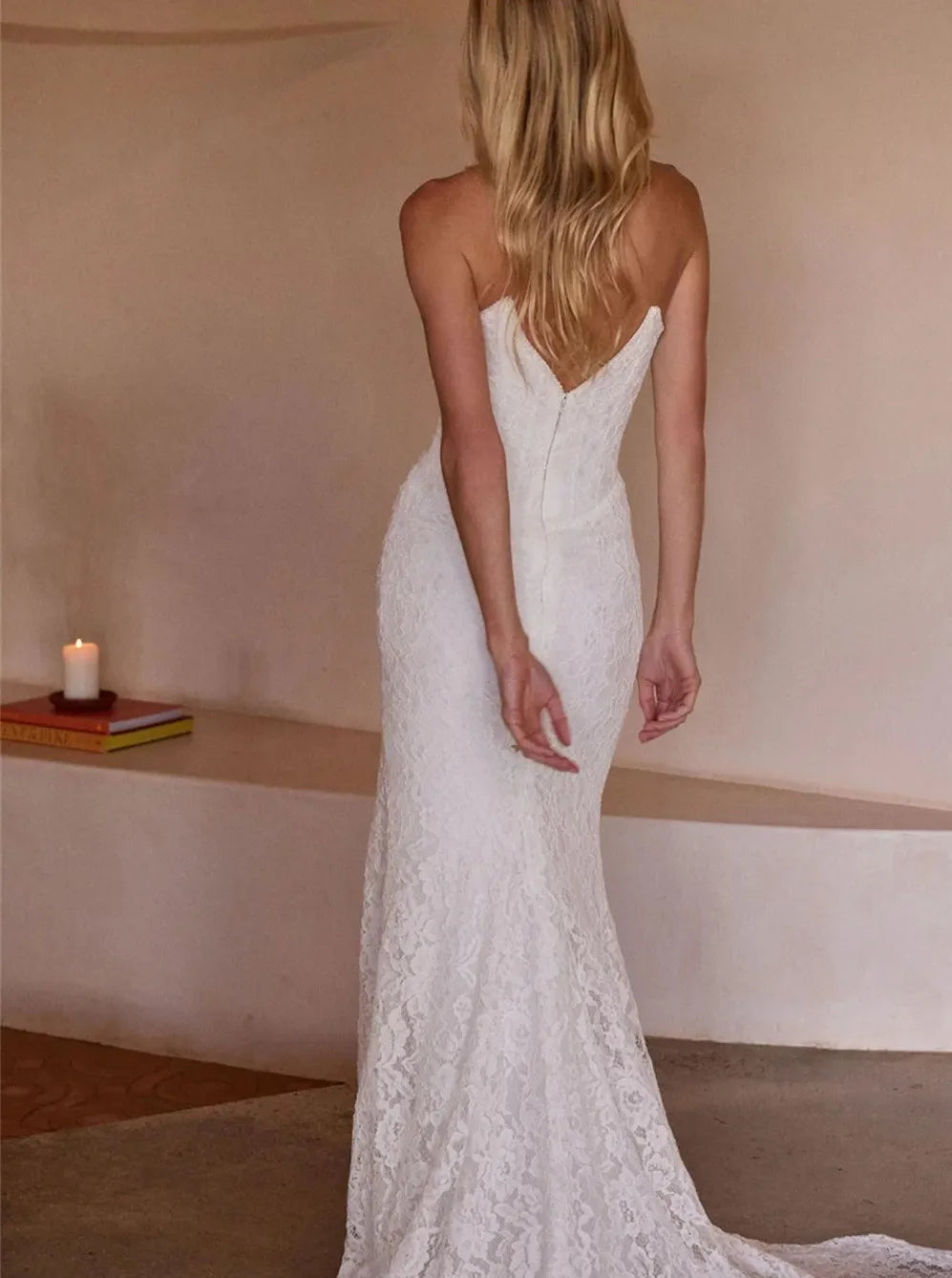 Exquisite Strapless Lace Flower Wedding Dress Side Split Backless Mermaid Floor-Length Princess Bridal Gowns Robe De Mariage