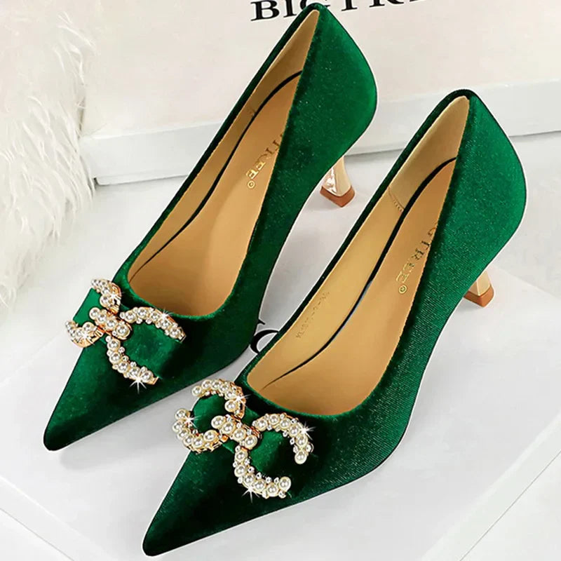 Women velvet pointed toe metal pearl crystal buckle luxury designer pink purple red 7cm pumps – Pollyanna Events
