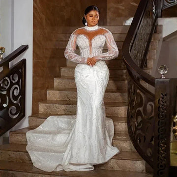 Plus Size Aso Ebi Mermaid Wedding Dress 2026 High Neck African Black Women Lace Illusion Long Sleeves Bridal Dresses Bride Gown