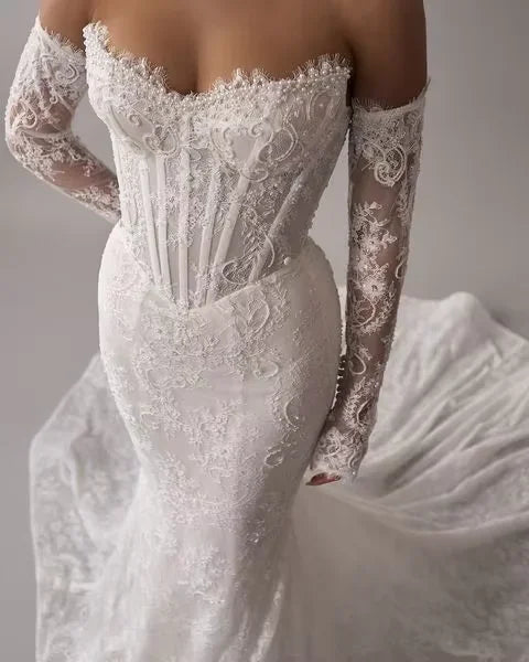 Customized Lace Wedding Dress Long sleeved Luxury Bridal Dress Removable Tail Sexy backless Robe De Mariee vestidos de novia
