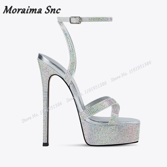 Moraima Snc Silver Platform Crystal Sandals Ankle Buckle High Heels Sandals Women Summer Shoes Fashion Lady Zapatillas Mujer