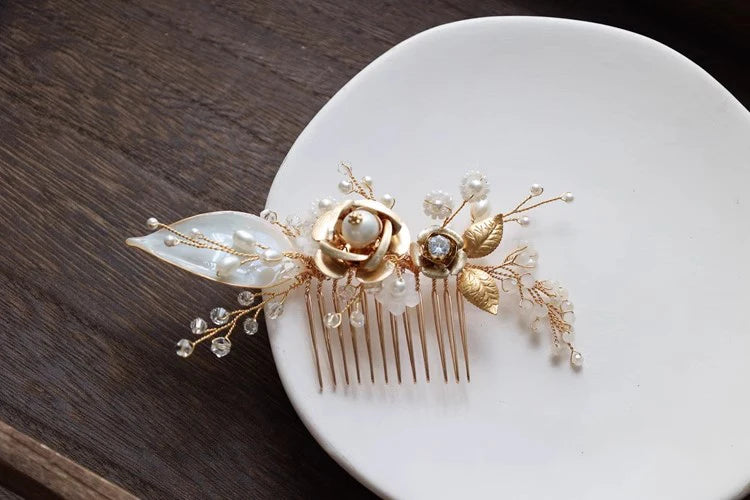 Wedding Accessories Gold Color Hair Comb Pin Pearl Crystal Hairpin Bride Birthday Gift Flower Leaf Head Piece Bridal Jewelry
