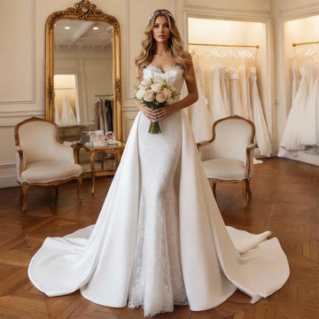 Elegant Mermaid Lace Appliques Wedding Dresses With Train Strapless Long Satin Sheath Bridal Party Gown For Women Vestidos Novia