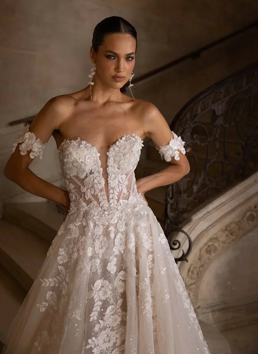 Customized Charming Sexy Slit Wedding Dresses for Women Lace Appliques Sequined Sweetheart A-Line Vestidos De Novia