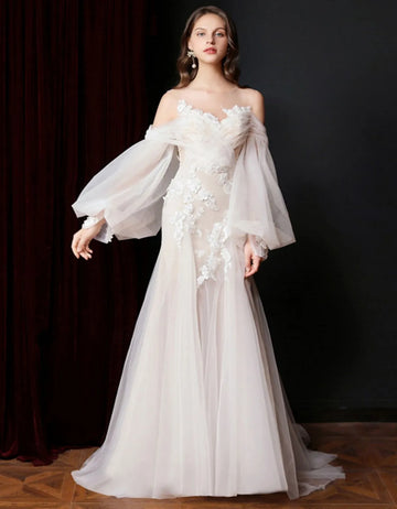 Elegant Princess Wedding Dresses 2026 Sheer Neck Long Puffy Sleeves Lace Appliques Bridal Bride Gowns Dress Vestidos De Noiva