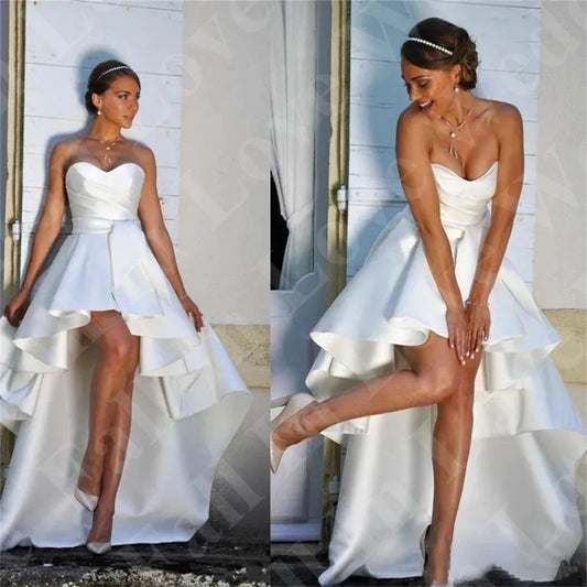 New 2024 Fall Arabic A-Line Wedding Dresses Strapless Satin Sexy High Low Length Simple Plain Satin Formal Bridal Evening dress