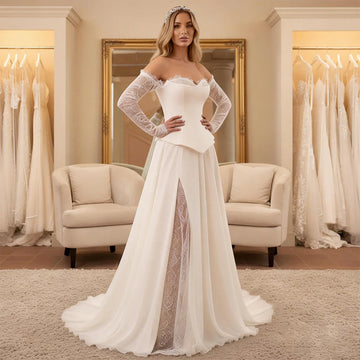 Elegant Lace Wedding Dress With Slit Long Sleeve Satin Sweetheart Ball Gown For Bride Backless Bridal Party Gown Vestidos Novia