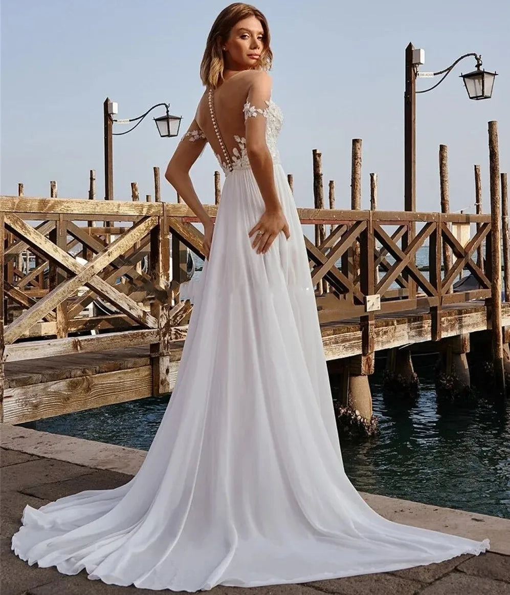 Sexy A-line sheer illusion lace applique chiffon princess slit beach bridal gown wedding dress – Pollyanna Events